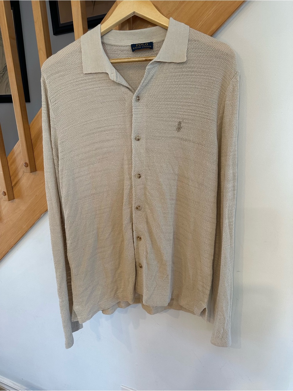 Polo by Ralph Lauren Beige Long-Sleeve Button-Down Knit Polo